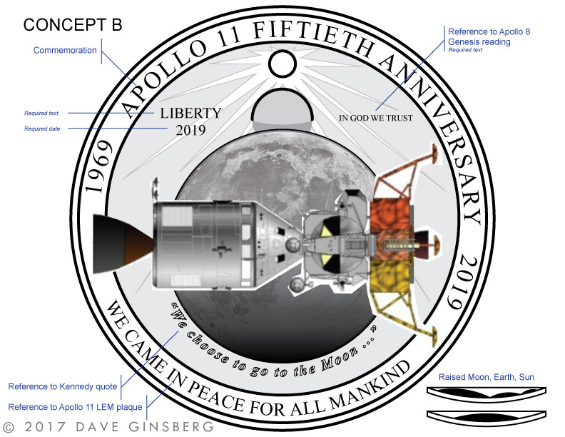 Apollo 11 50th anniversary coin design Concept B by Dave Ginsberg