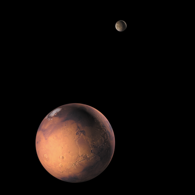 Comparison of original rendering (top) and photo of actual mural (bottom). Ceres at top of each image, Mars below.