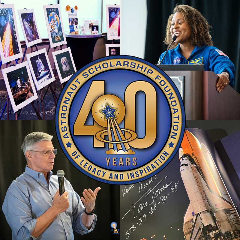 ASF 40th anniversary logo with weekend events (Credits: Dave Ginsberg [upper left, lower right], Astronaut Scholarship Foundation [upper right, lower left])