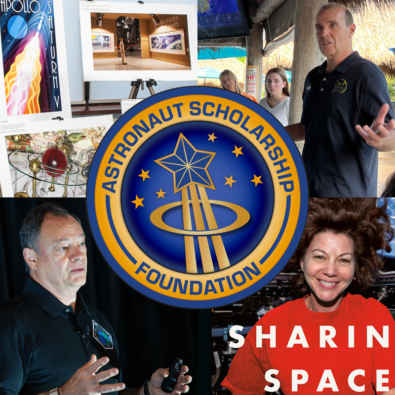 ASF logo with weekend events (Credits: Dave Ginsberg [upper right], Astronaut Scholarship Foundation [upper left, lower left], cadycoleman.com [lower right])