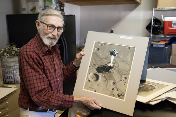 Pierre with his original illustration of Eagle lifting off from Tranquility Base