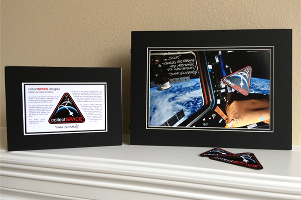 Framed displays of collectSPACE insignia design by Dave Ginsberg, 2017