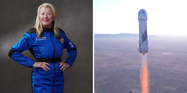 Laura Shepard Churchley (left), Blue Origin New Shepard NS-19 launch (right) (Credit: Blue Origin)